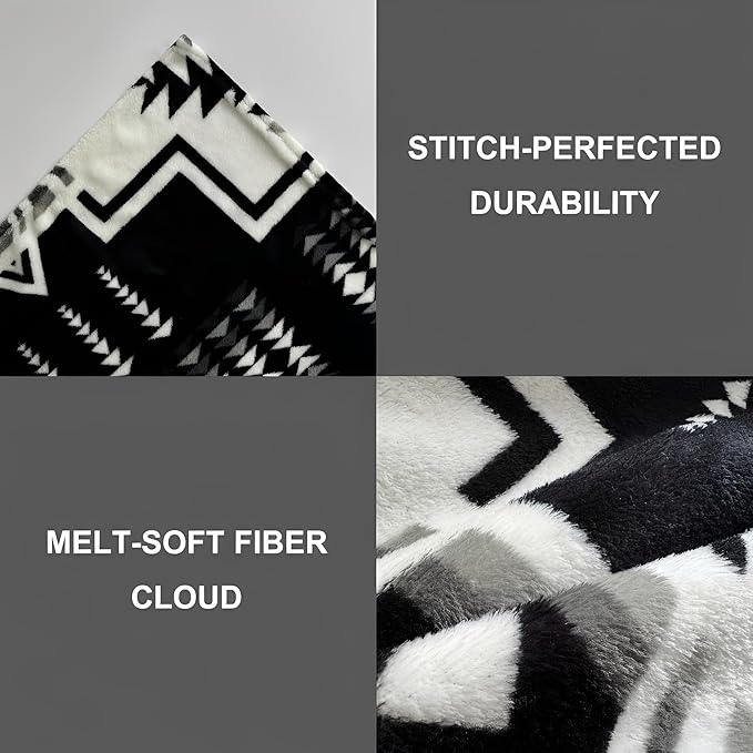 Fleece Blanket Queen - 90x90 Inch Lightweight & Buttery-Soft Throw for Bed, Sofa, Camping | 300GSM Cloud-Touch Microfiber | Cozy Essentials for Travel & Movie Nights, (Boho Black White)