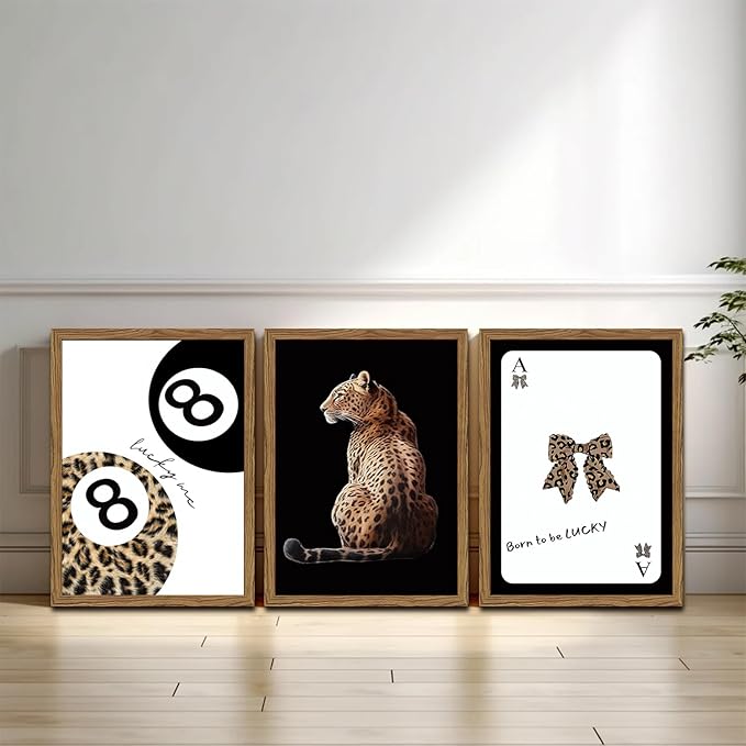 Trendy Cheetah Wall Art Set of 3 Black and White Leopard Bow Wall Decor Painting Lucky 8 Ball Poster Canavs Print Aesthetic for Bedroom Living Room 12x16 inch Wood Framed