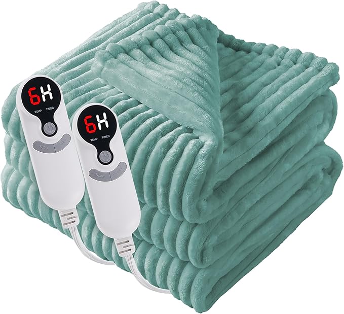 Electric Heated Blanket Queen Size 84"x90" with Cozy Flannel, 6 Heat Settings & 10 Hours Auto Off, Soft & Cozy Warming Throw for Home, Office, or Bed, Machine Washable, Bean Green