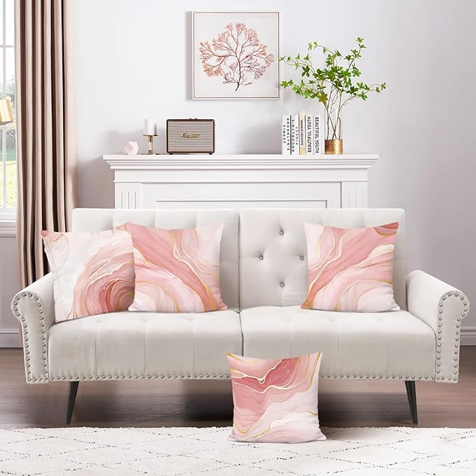 Bonhause Pink Marble Throw Pillow Covers 18x18 Inch Two-Sided Pink Gold Abstract Art Modern Decorative Pillows Case Soft Velvet Outdoor Cushion Covers for Couch Sofa Bed Home Decor Set of 4