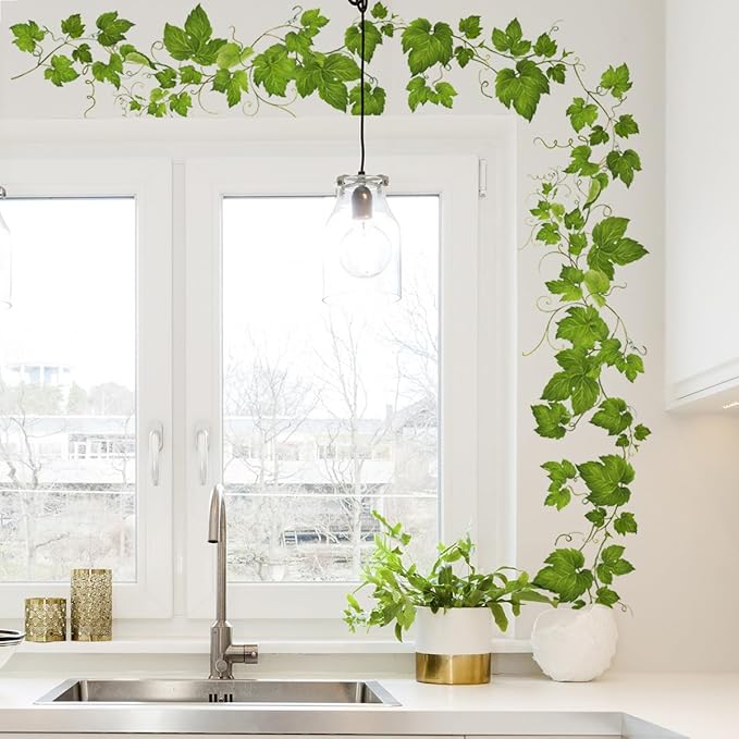 4 Pack Green Leafy Vine Wall Decals, Green Plants Leaves Wall Stickers for Kitchen Bedroom Living Room Bathroom Wall Decor
