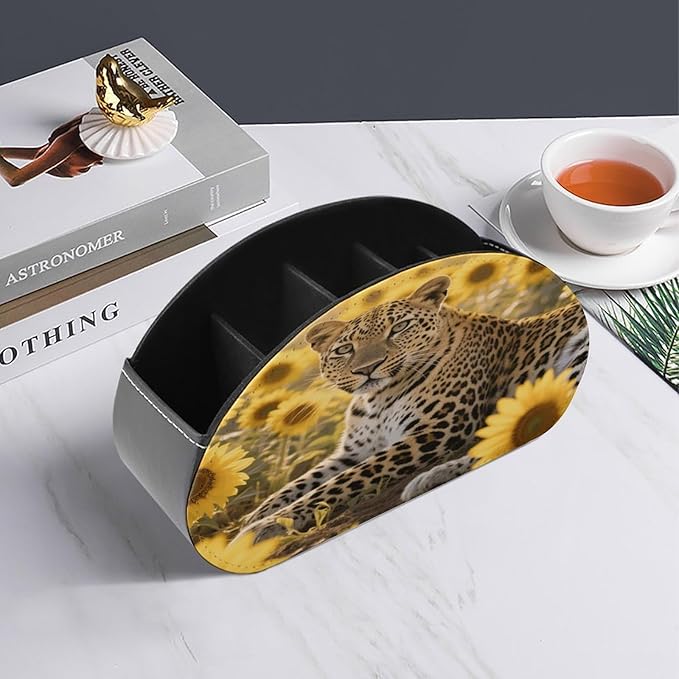 Sunflower Leopard Remote Control Holder Organizer Box with 5 Compartment PU Leather Bedside Storage Caddy Remote Organizer for Controller Media Player Pen/Pencil Storage