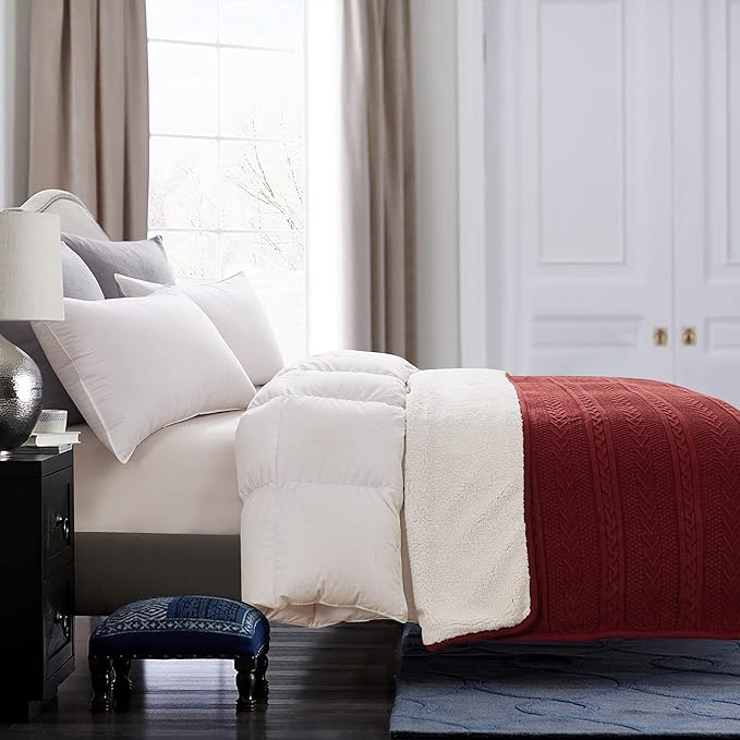 Longhui bedding Wine Red 50 x 63 Inches Acrylic Cable Knit Sherpa Throw Blanket - Thick, Soft, Big, Cozy Knitted Fleece Blankets for Couch, Sofa, Bed - Large Coverlet All Season, Burgundy Color