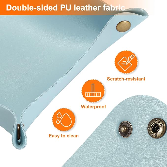 HARFINGTON 2pcs PU Leather Valet Tray Unisex Folding Small Catchall Tray Portable Entryway Table Tray Nightstand Bedside Desk Tray for Key Wallet Watch Coin Jewelry Dice, Light Blue
