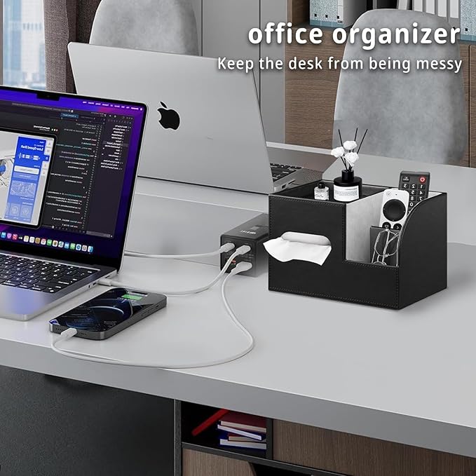 PU Leather Tissue Box Cover Square, Tissue Box Holder Organizer with Storage Tray and Remote Control Holder for Bathroom Countertop Night Stands Bedroom Office Desk,Napkin Caddy Decorative Black