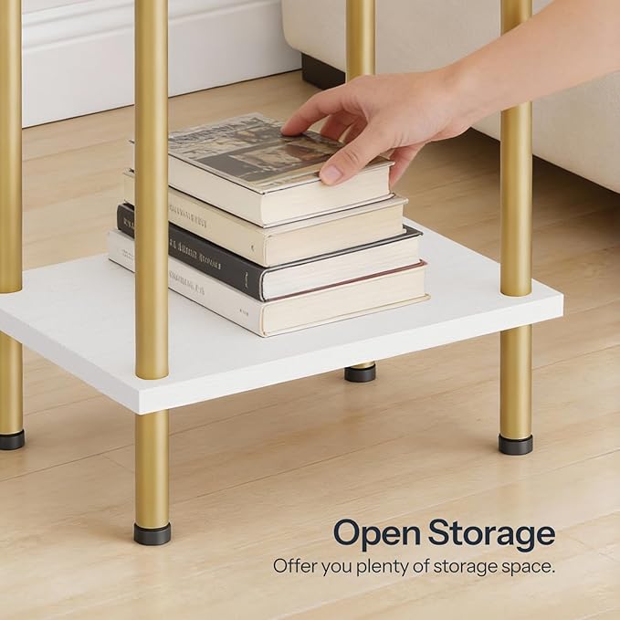 HOOBRO End Tables Set of 2, Small Side Table, Nightstand with 2-Layer Storage Shelves, Sofa Table for Small Spaces, Living Room, Bedroom, Stable Frame, Easy Assembly, White and Gold DW09BZP201