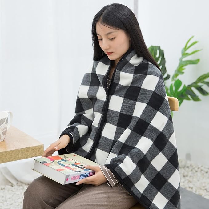 forestfish Fleece Wearable Blanket, Plaid Lap Blanket Comfy Poncho Throw with Buttons for Bed Sofa Office, Black-White