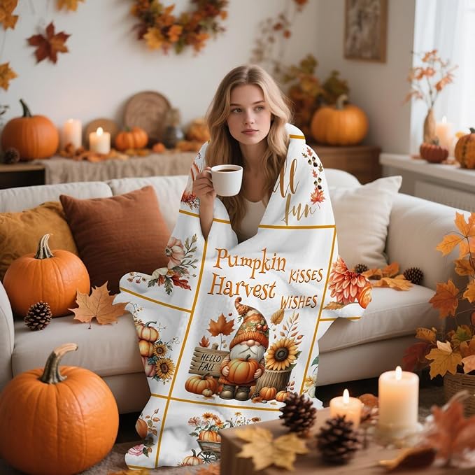 yuboo Pumpkin Gnome Spring Throw Blanket, 50"x60" Autumn Suflower Blankets and Throws for Couch, Soft Flannel Lap Sofa Blanket, Gnome Gift for Girls, Women, Teens, Kids, Family