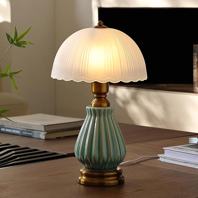 Vintage Table Lamp for Living Room,16" Mid Century Modern Ceramic Lamps for Bedroom,Retro Bedside Nightstand Mushroom Glass Lamps, Classic Chinoiserie Green Lamp for Home Decor (LD004)
