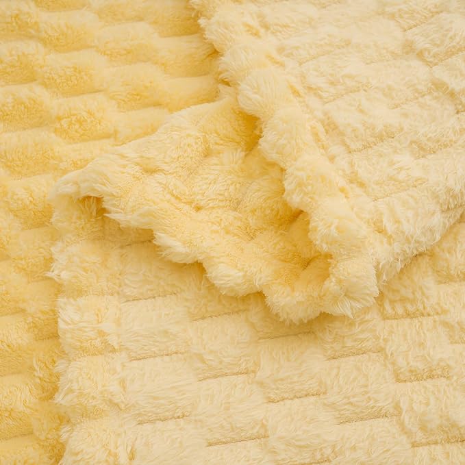 Vessia Flannel Fleece Twin Blanket, 3D Jacquard Light Yellow Fuzzy and Warm Blanket for Couch, Sofa, Bed, 300GSM Super Soft Touch Cozy Home Decor for All Seasons (60x80 inches)