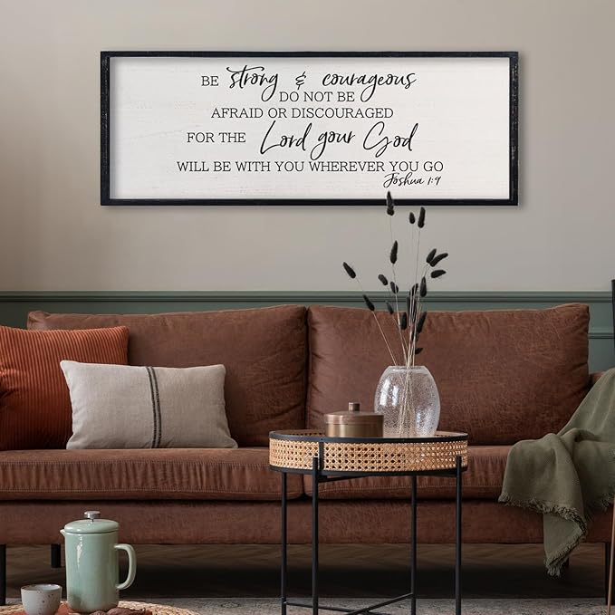 comurdyo Christian Motivational Be Strong And Courageous Sign Wall Decor 32"x12" Joshua 1:9 Bible Verse Religious Faith Rustic Home Simple Living Room Wood Plaque Art Wall Hanging (Black)