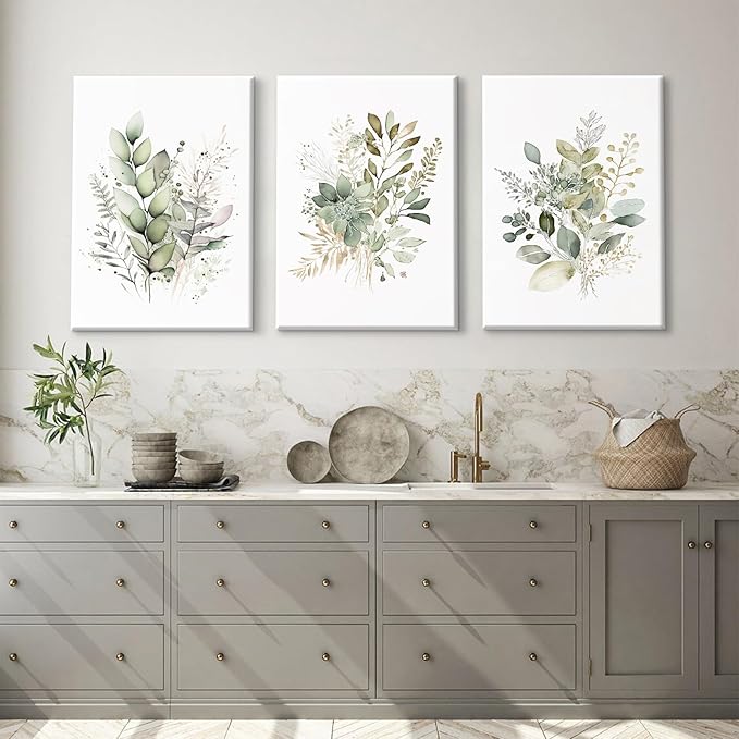 Watercolor Botanical Wall Art Set of 3 Boho Floral Canvas Wall Decor Prints Sage Green Wildflower Wall Art Modern Flower Pictures Botanical Painting for Bedroom Bathroom 16x24 Inch Wrapped Canvas