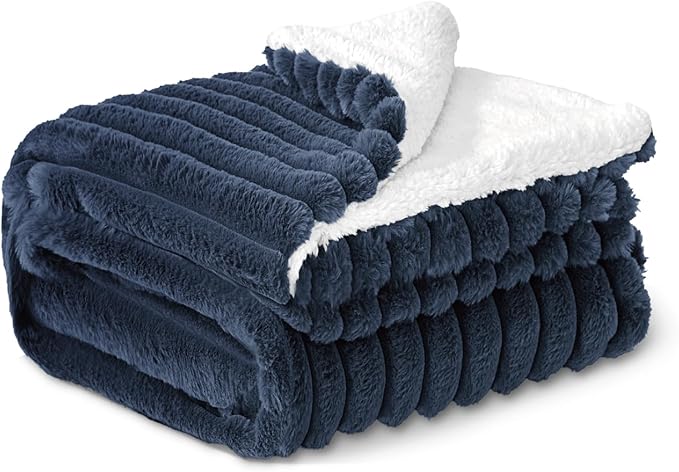 INFIIXSO Sherpa Throw Blanket for Couch - Super Soft & Warm Striped Fleece Blanket, Cozy Plush Fluffy Blanket All Season Use (Navy Blue, 50x60 Inches)