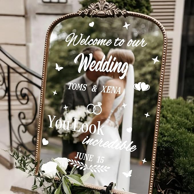 HLNIUC Welcome To Our Wedding Mirror Stickers Double-Sized 2Pcs,DIY Vinyl Lettering Wedding Wall Decal,Bride And Groom Names Decals for Mirrors Window Sign Marriage Decoration(Classic Style,White)