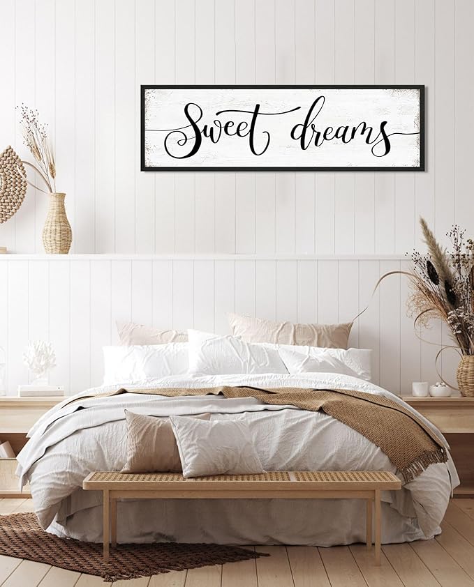 Sweet Dreams Wall Decor Above Bed: Wall Art Bedroom Sign - Guest Room Decor - Master Bedroom Farmhouse Decoration Rustic Black Frame Hanging 12 × 40 Large