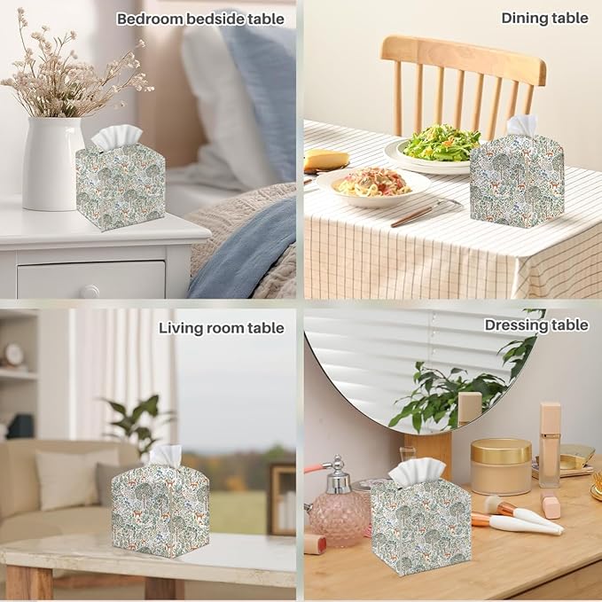 Tissue Box Cover, Tissue Box Holder, Square with Belt Bottom, PU Leather Decorative Organizer for Desk, Tabletop, Countertop Bathroom, Toilet Car, Office, Dresser Bedside, Fox Forest Flower Decor