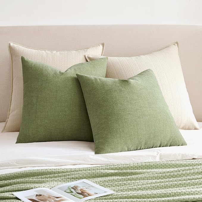 MIULEE Sage Green Couch Pillow Covers 16x16 Inch, Set of 2 Soft Spring Chenille Decorative Square Throw Pillow Covers Farmhouse for Sofa Living Room Bed