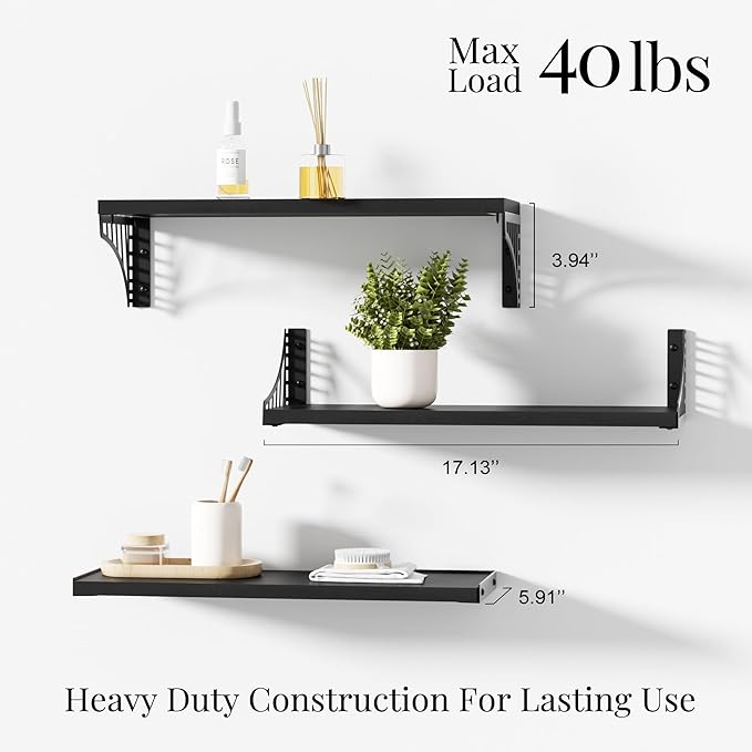 SRIWATANA Floating Shelves for Wall Decor, Bridge Design Wood Wall Shelves for Bedroom, Bathroom, Living Room & Kitchen, Set of 3 (Black)