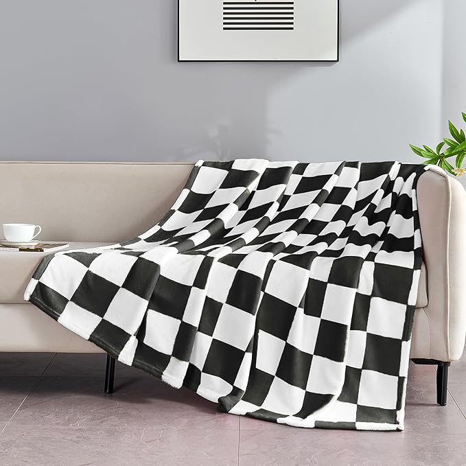 Black Checkered Blanket, Soft Cozy Fleece Checkered Throw Blankets for Bed Sofa Couch Camping, Ultra Fluffy Throws for All Seasons, 50x60 Inch, Black