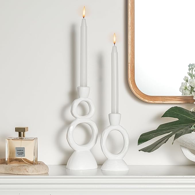 White Taper Candle Holders for Candlesticks, Unique Decorative Candlesticks Holder Home Decor Set of 2 for Fall Thanksgiving Wedding Table Centerpiece Decorations, Modern Aesthetic Room Decor（Resin）