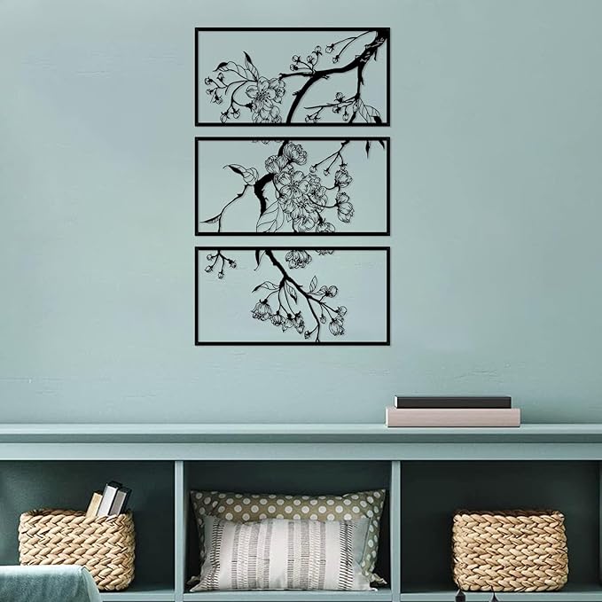 ruelen 3 Pcs Large Metal Flowers Wall Decor, Modern Minimalist Floral Line Sculpture Wall Art Hanging Wall Decor for Home Bedroom Living Room Bathroom Office Above Bed Decor (Black)
