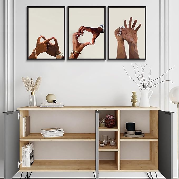 3Pcs Black Couple Wall Art Holding Hands Heart Love Wall Decor Afro Women Men Canvas Poster Prints for Living Room Bedroom Bathroom Decoration Unframed (12x16in)