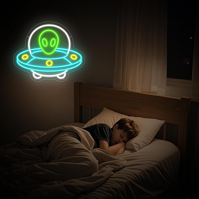 UFO Neon Sign, Alien Neon Signs for Wall Decor, UFO ET Dimmable Neon Light for Bedroom, Game Room, Kids Room, Bar Decoration, USB Powered Light Up Signs for Party Decor