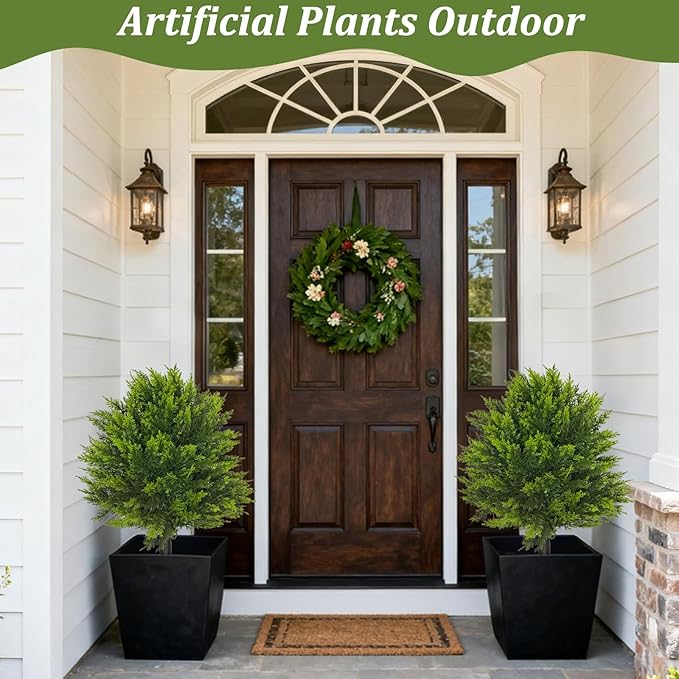 2 Pack 24”Artificial Topiary Ball Tree with Spike Soft Cypress Realistic Faux Cedar Pines Spring Trees UV Rated Fake Shrubs for Spring Pot Fillers Front Door Porch Indoor Outdoor Decor
