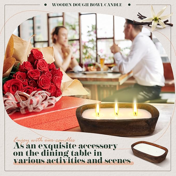 Threlaco 1 Pack 10 Inch Wood Dough Bowl Candles Home Rustic Dough Bowl Soy Candle 3 Wick Scented Candles Gifts for Men Women Farmhouse Table Centerpiece Home Decor for Christmas(Vanilla)