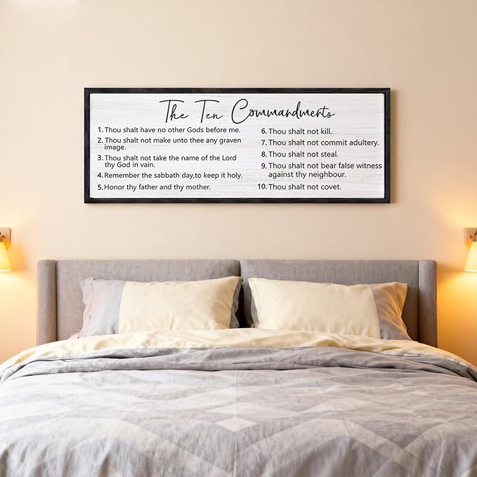 The Ten Commandments Rustic Bible Verse Framed Wall Art, 40''×15'' Positive Religious Christian Saying Sign for God Jesus Christ Prayer, Vintage Horizontal Holy Inspirational Catholic Scripture Decor