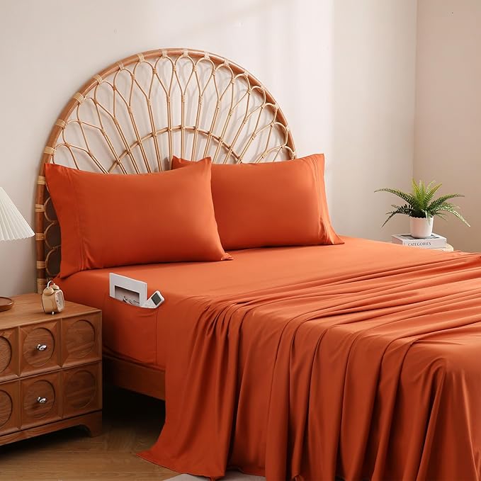 JSD Burnt Orange King Sheet Set with Side Pocket Corner Straps, 4 Piece Soft Microfiber Bed Sheets Extra Deep Pocket