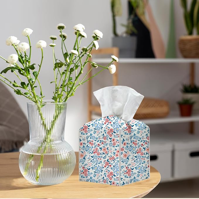 Tissue Box Cover, Tissue Box Holder, Square with Belt Bottom, PU Leather Decorative Organizer for Desk, Tabletop, Countertop Bathroom, Toilet Car, Dresser Kitchen, Aesthetic Pink Blue Flower Decor