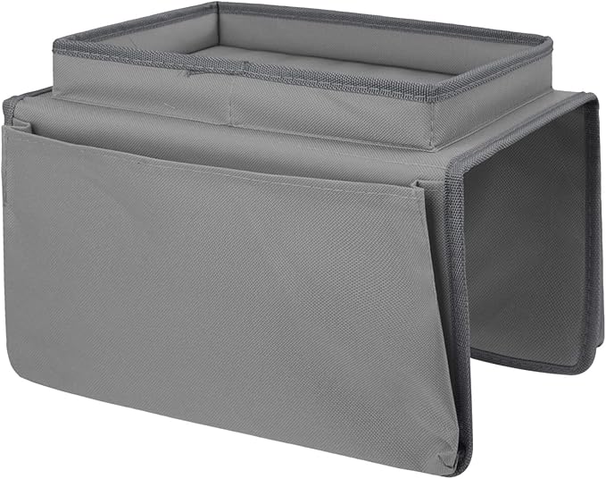 Sofa Armrest Organizer with Top Tray for Couch Recliner, 5 Pockets TV Remote Control Holder Foldable Armchair Bedside Caddy Organizer Storage Bag for Magazines Cellphone Drinks Snacks Tea Cup (Grey)