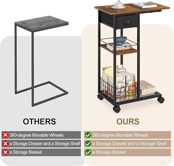 3-Tier Side Table with Wheels and 360° Rotation, C Table with Drawer, End Table for Couch, Space Saving Small Desk for Narrow Space, TV Tray, Vintage Bedside Table for Living Room, Bedroom