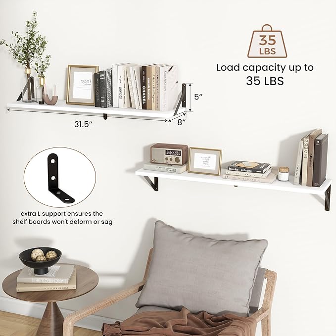 Axeman 32 Inch Floating Shelves | 8 Inch Deep White Wood Wall Shelves Set of 2 | 31.5" W x 8" D Rustic White Shelves for Bathroom Kitchen Living Room