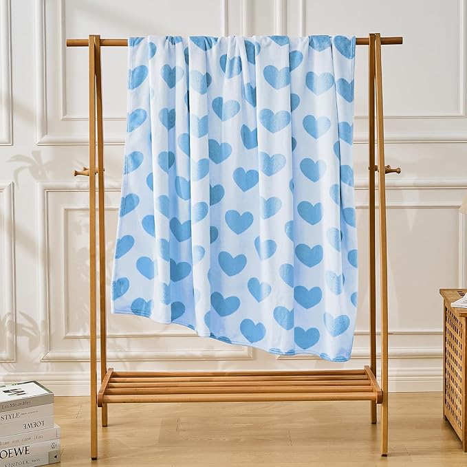 FY FIBER HOUSE Heart Flannel King Blanket Soft Cozy Blankets for Lover Gifts All Season Use, 90x108 Inches, Blue
