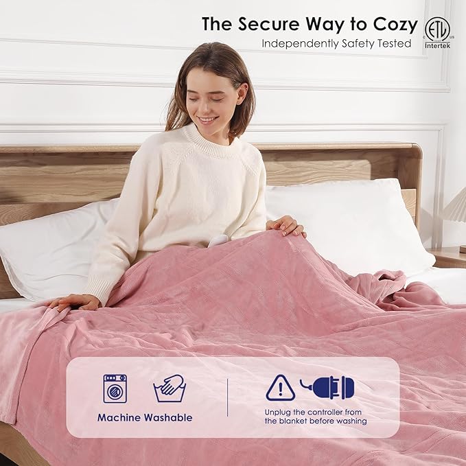 Heated Blanket Full Electric Blanket 72X84in - Fast Heating Blanket for Adults Ultra Soft Flannel Blankets with 5 Heat Levels & 10 Hrs Timer, Machine Washable, Bed Warm Blanket for Winter, Pink