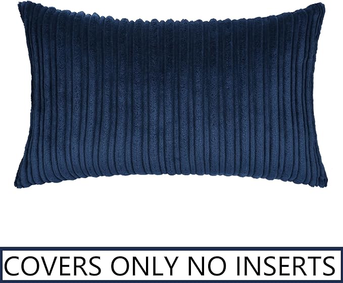 UGASA Velvet Soft Solid Corduroy Striped Decorative Throw Pillow Covers Set Cushion Case for Sofa/Bedroom/Car, 1 Pc, 12x20 Inch, Navy Blue