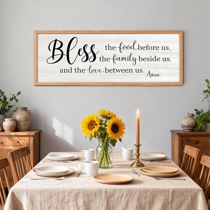 Bless the Food Before Us, the Family Beside Us, and the Love between us Framed Wall Art for Dining Room, 40''×15'' Holy Positive Religious Rustic Bible Verse for Christian God Jesus Christ Prayer
