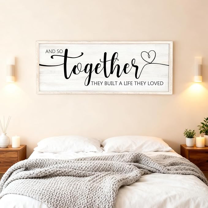 And So Together They Built A Life They Loved Decorative Rustic Sign & Plaque Framed Wall Art for Couples, 40''×15' Wooden Long Wall Decor Above Bed, Vintage Horizontal Farmhouse Wedding Gift