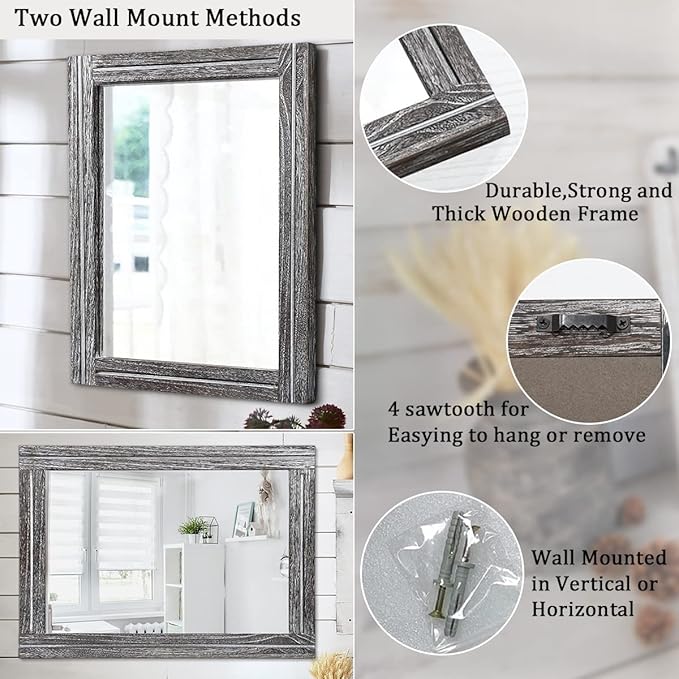 AAZZKANG Rustic Mirror Large Wood Framed Wall Mirrors 28"x20" Rectangle for Bedroom Bathroom Farmhouse Living Room Home Entryway Hanging