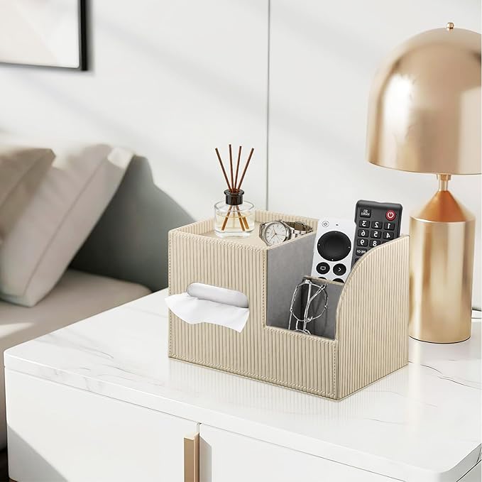 Fanousy Modern PU Leather Cube Tissue Box Cover with Storage Tray, Multifunctional Remote Control Holder & Facial Tissue Dispenser Organizer for Nightstand, Bathroom, Bedroom, Office & Home Decor