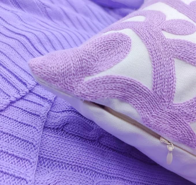 Alysheer Embroidered Decorative Throw Pillow Covers 18"x18" Set of 2 Pieces, Cozy Boho Mandala Knit Pattern, 100% Cotton Canvas Light Purple Cushion Cases for Sofa Couch Living Room (Lilac Lavender)