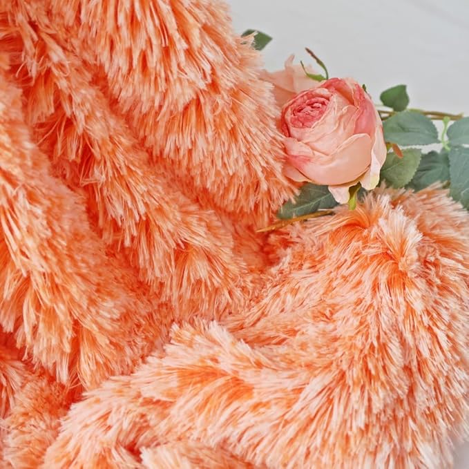 Plush Super Soft Blanket Bedding Sofa Cover Furry Fuzzy Fur Warm Throw Qulit Cozy Couch Blanket for Winter (63"x79",Orange and White)
