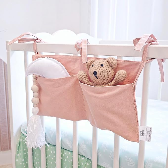 Baby Bedside Hanging Storage Bag - 2-Pocket Bedside Storage with High Capacity for Diapers & Essentials, Space-Saving Hanging Nursery Organizer 5 Colors Available (Pink)