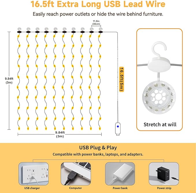 HXWEIYE 300LED Untangled Curtain Lights, 9.8x9.8Ft USB Fairy Twinkle String Lights with Remote and DIY Timer, 8 Modes Window Wall Hanging Light for Bedroom Dorm Backdrop Room Decor, Warm White