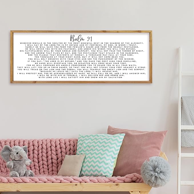 comurdyo Psalm 91 Wall Art Decor 32"X12" Christian Bible Verse Prayer Sign for Large Vintage Farmhouse Wood Framed Minimalist Family Living Room Wall Plaque Horizontal Hanging Decor (Wood)