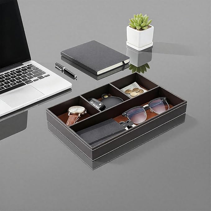 2 Pieces Faux Leather Valet Tray for Men, Stackable Jewelry Trays for Drawers, Mens Dresser Top Organizer for Key, Wallet, Sunglass, Watch, Coin, Phone, Nightstand Bedside Tray Brown