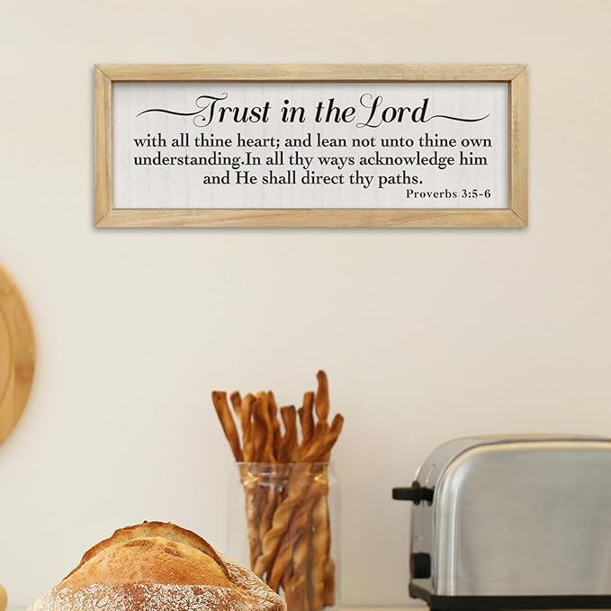 comurdyo Trust in the Lord with All Thine Heart Sign Wall Art 16"×6" Proverbs 3:5-6 Scripture Christian Framed Wood Decor (Wood)