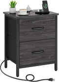 Vagusicc Nightstand with Charging Station, Bedside Table with USB Ports and Outlet, End Table Side Table with 2 Fabric Drawers for Bedroom, Living Room, Gray Walnut